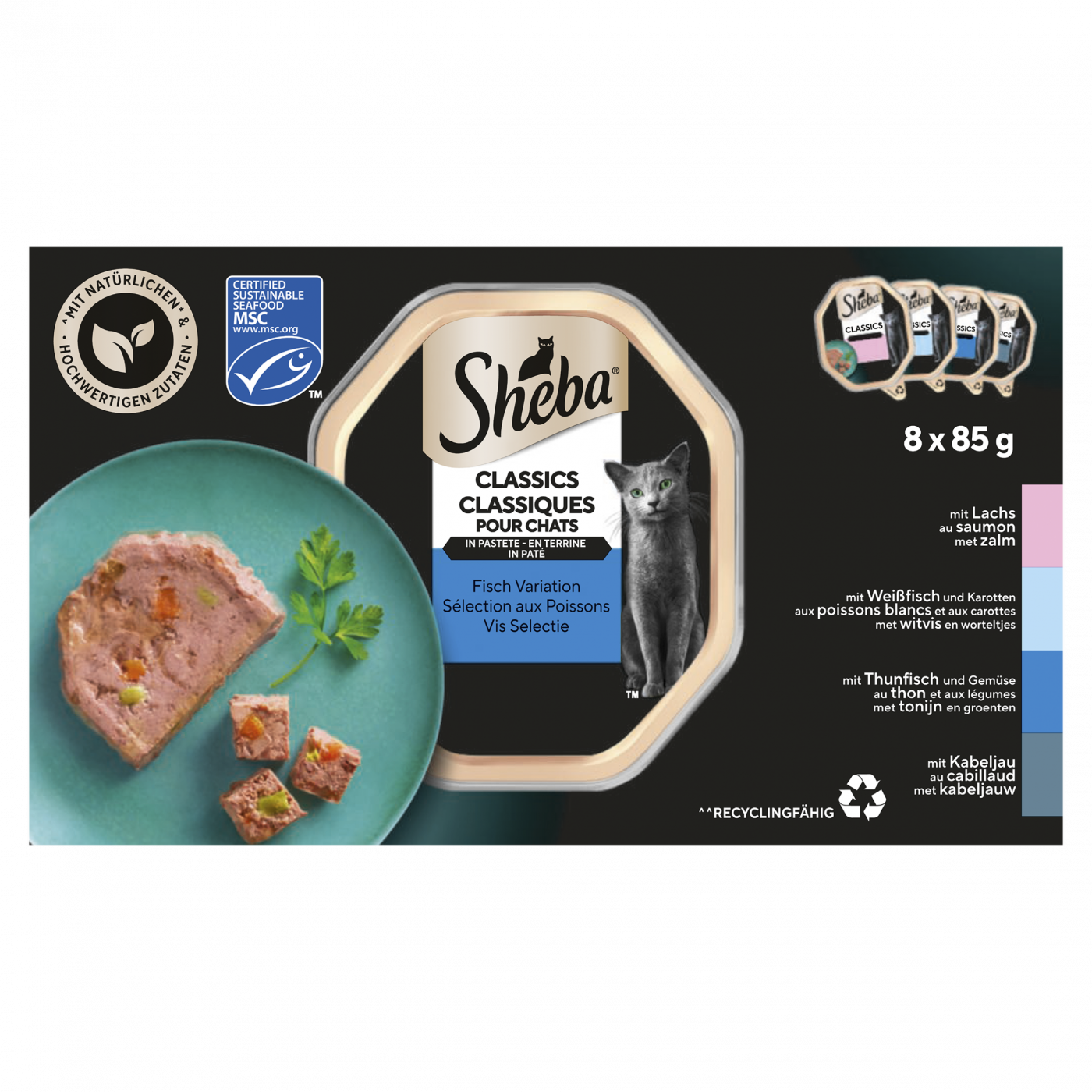 Sheba Classic Paté Vis Selectie 8x85gr – multipack nat kattenvoer met zalm, tonijn, kabeljauw en witvis