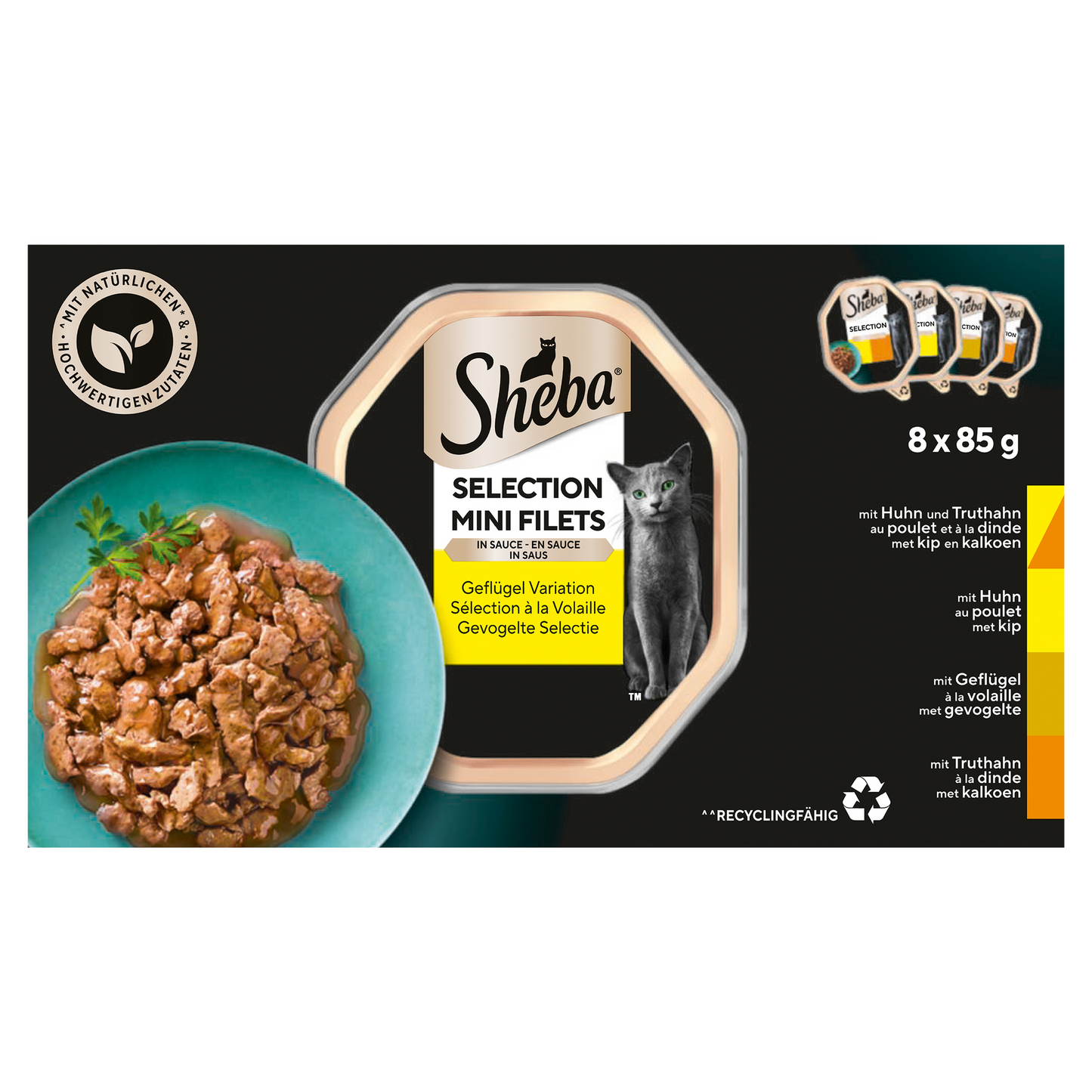 Sheba Mini Filets Gevogelte Selectie 8x85gr – nat kattenvoer met kip en kalkoen in saus