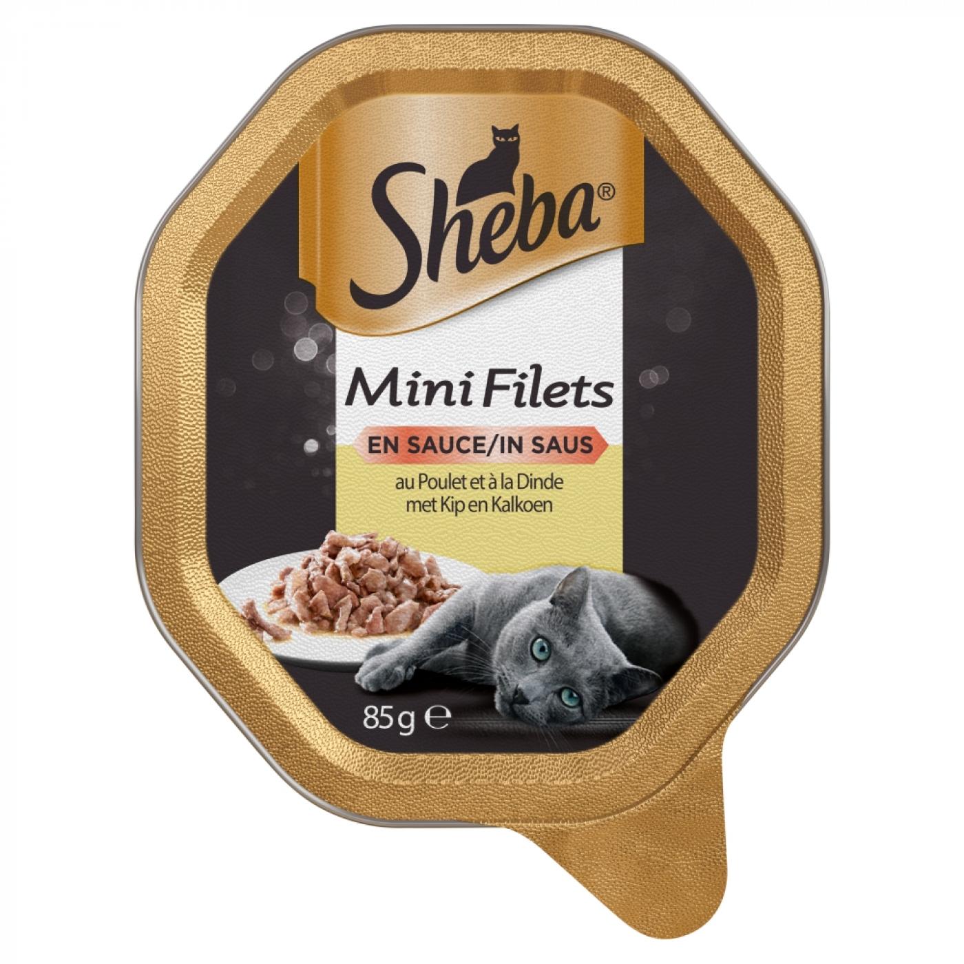 Sheba Mini Filets Kip & Kalkoen 85gr – nat kattenvoer met malse vleesreepjes in saus