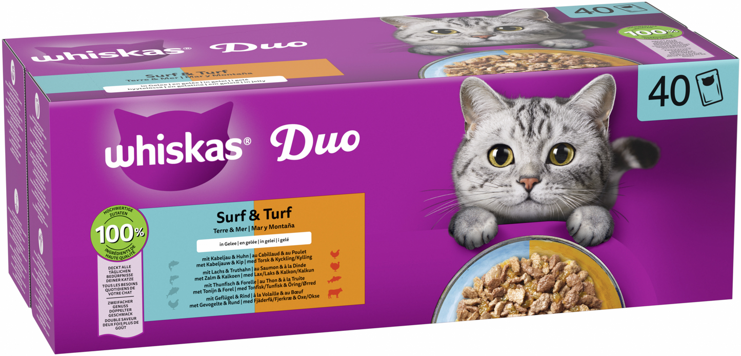 Whiskas 1+ duo surf en turf in gelei 40x85 g maaltijdzakjes