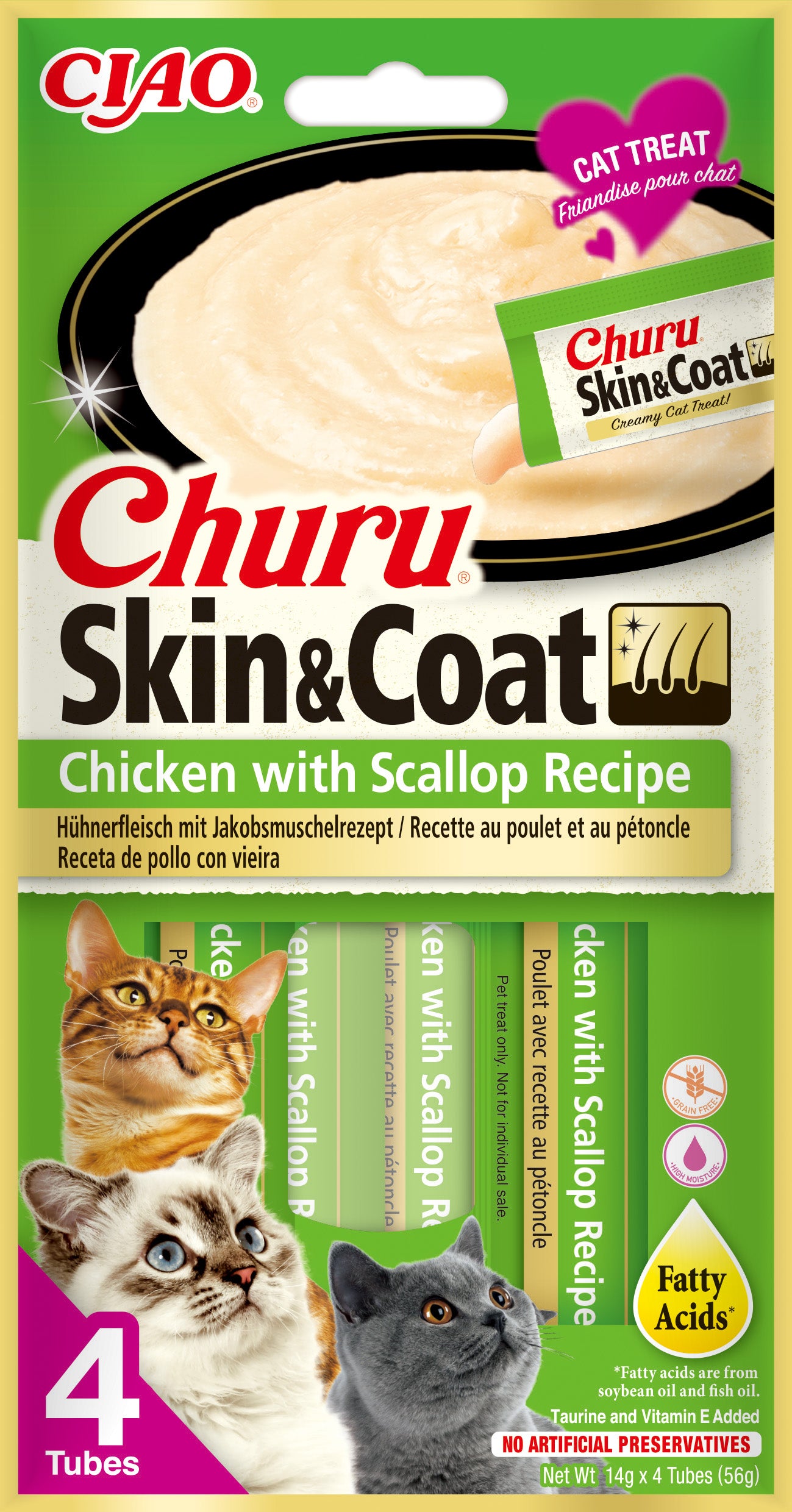 Inaba Ciao Churu Skin & Coat Kip & sint-jakobsschelp – 4 x 14 g