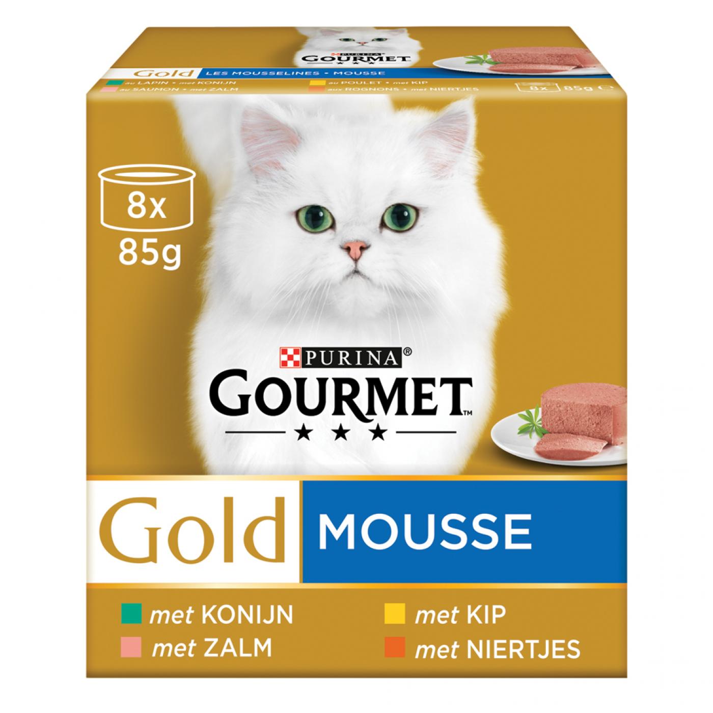 Gourmet Gold Mousse Multipack 8x85gr – natvoer voor katten met kip, zalm en konijn