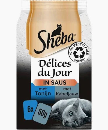 Sheba Délices du Jour – Tonijn & Kabeljauw in Gelei – 6 x 50g | Luxe Natvoer voor Katten