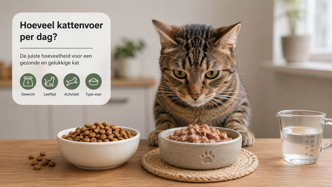 Gezonde kat naast afgewogen dagelijkse portie kattenvoer