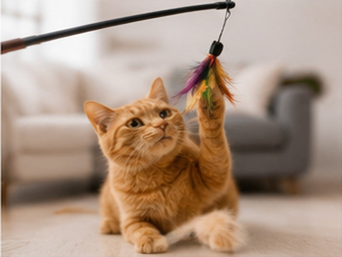 Kat speelt met een hengelspeeltje
