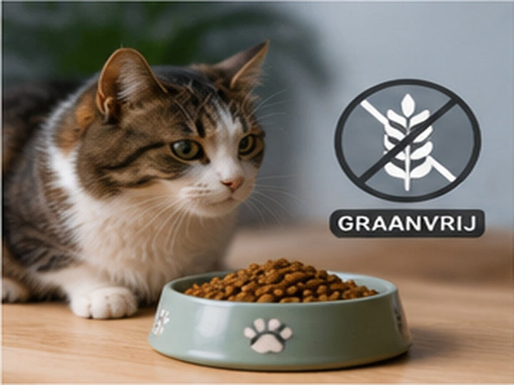 Kat bij een voerbak met graanvrij kattenvoer