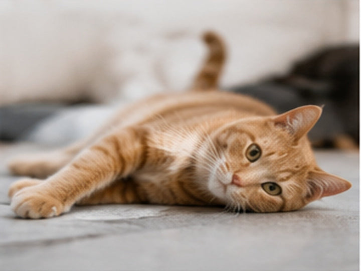 Kat met overgewicht ligt op de vloer