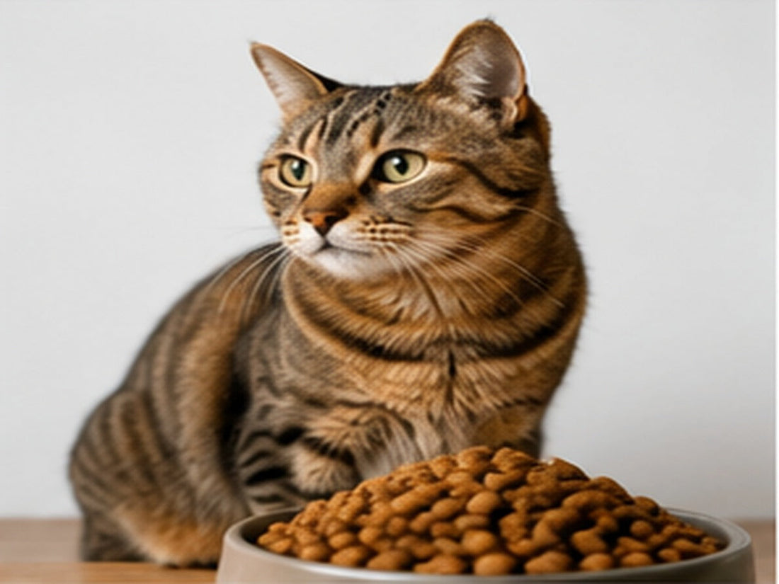 Kat naast een voerbak tijdens de overstap naar ander kattenvoer