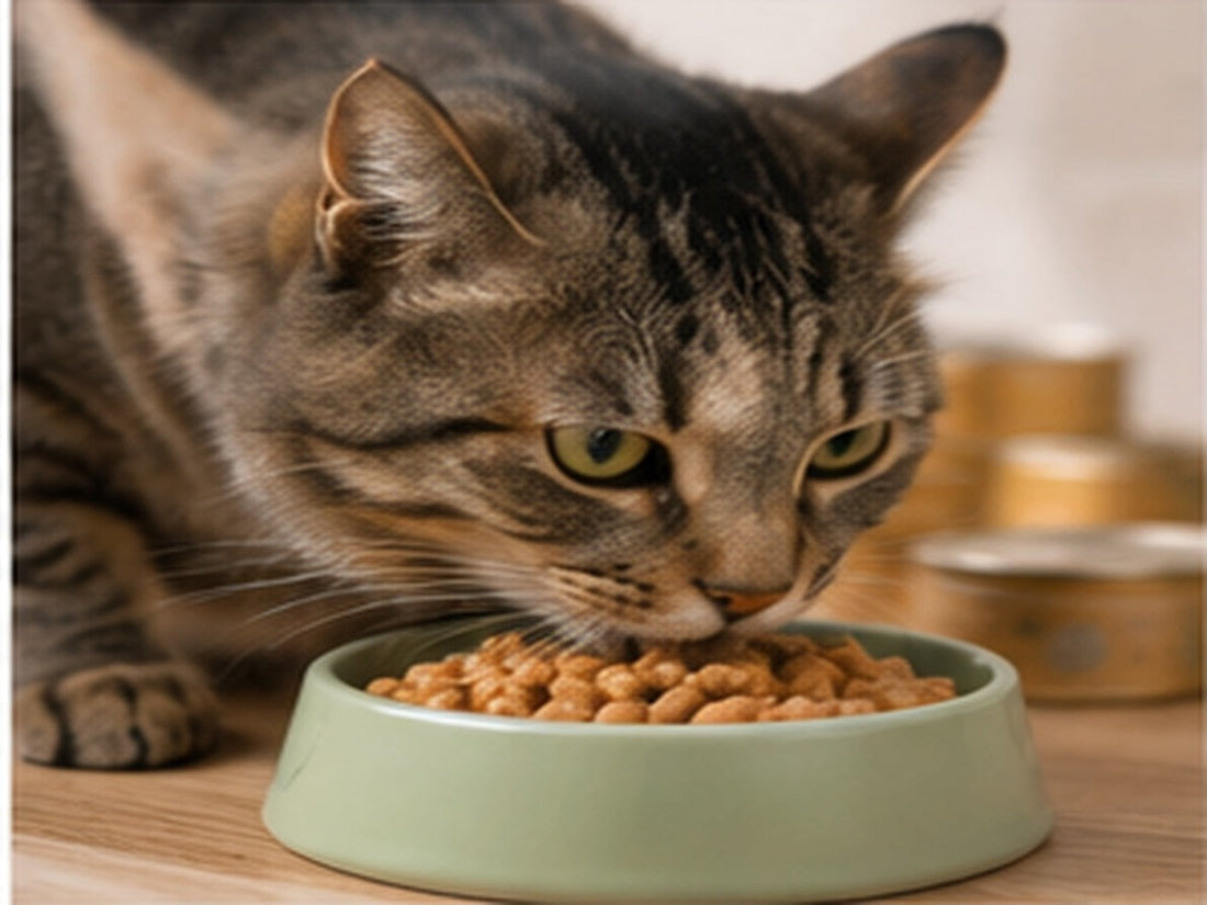 Kat eet natvoer uit een voerbakje