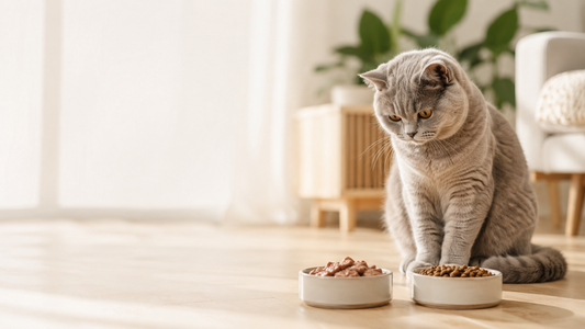 Britse Korthaar kat kijkt naar twee voerbakken met natvoer en droogvoer in een lichte Scandinavische woonkamer