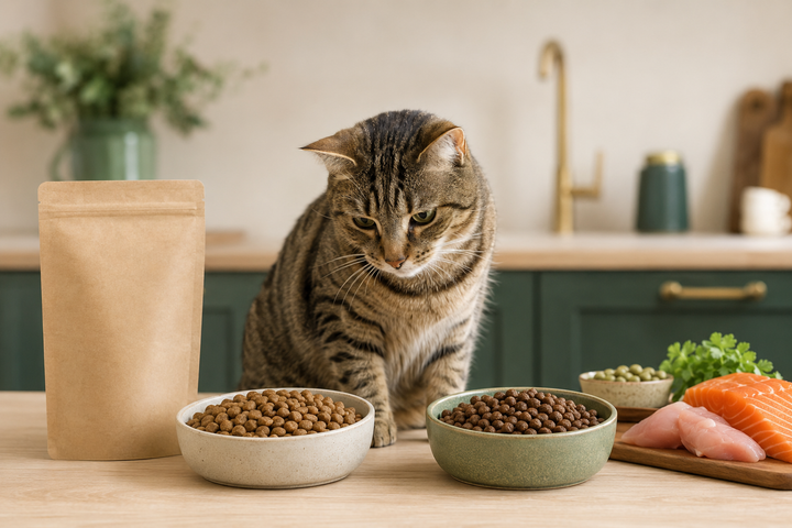 Kat vergelijkt twee voerbakken met kattenbrokken