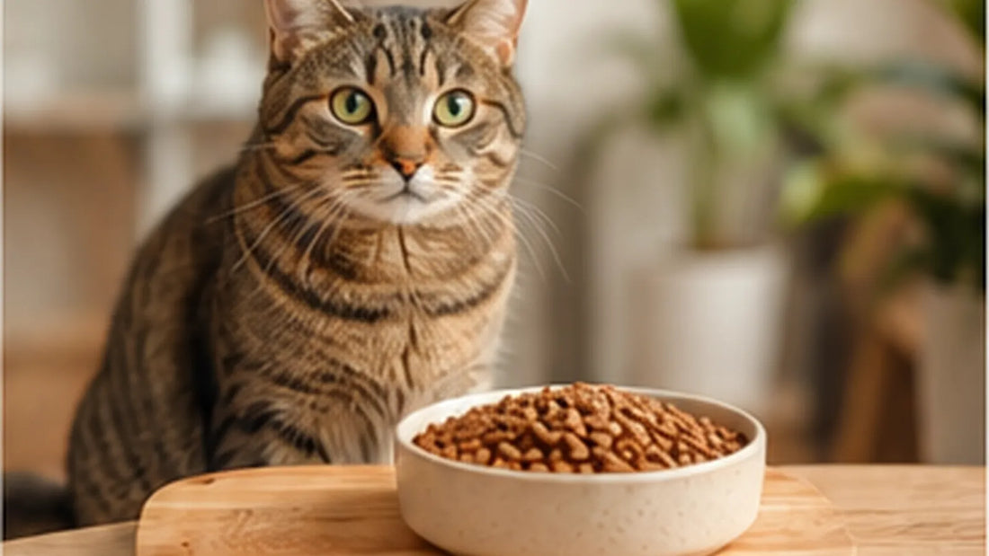 Grijze kat eet uit een bak met kattenbrokjes 