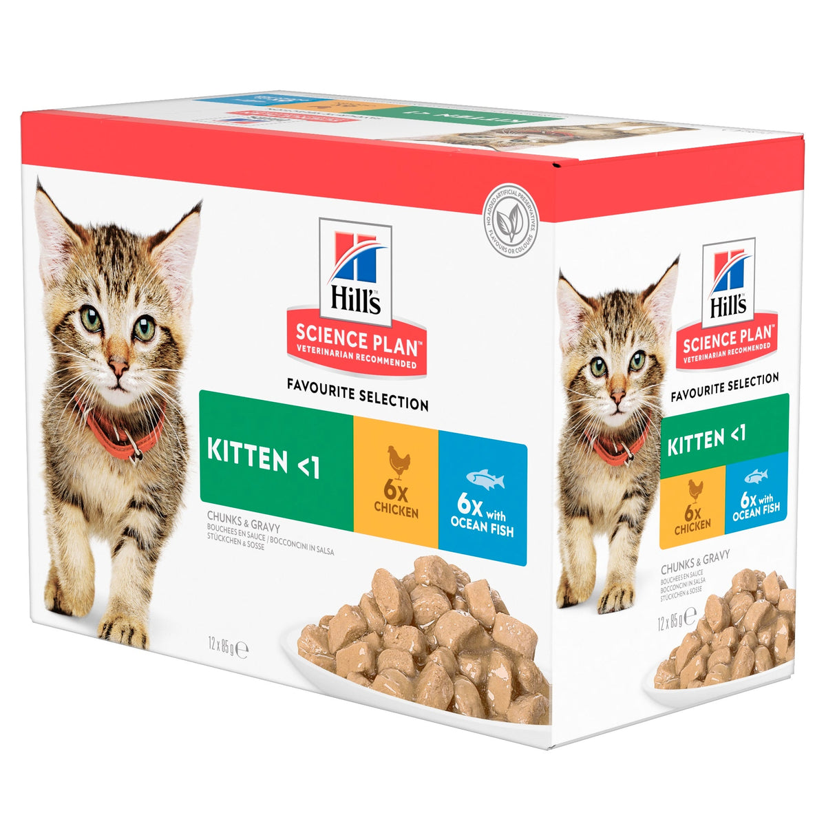 Hill's Science Plan Kitten Favourite Selection Kip en Oceaanvis nat kattenvoer 12 x 85 g verpakking voorkant