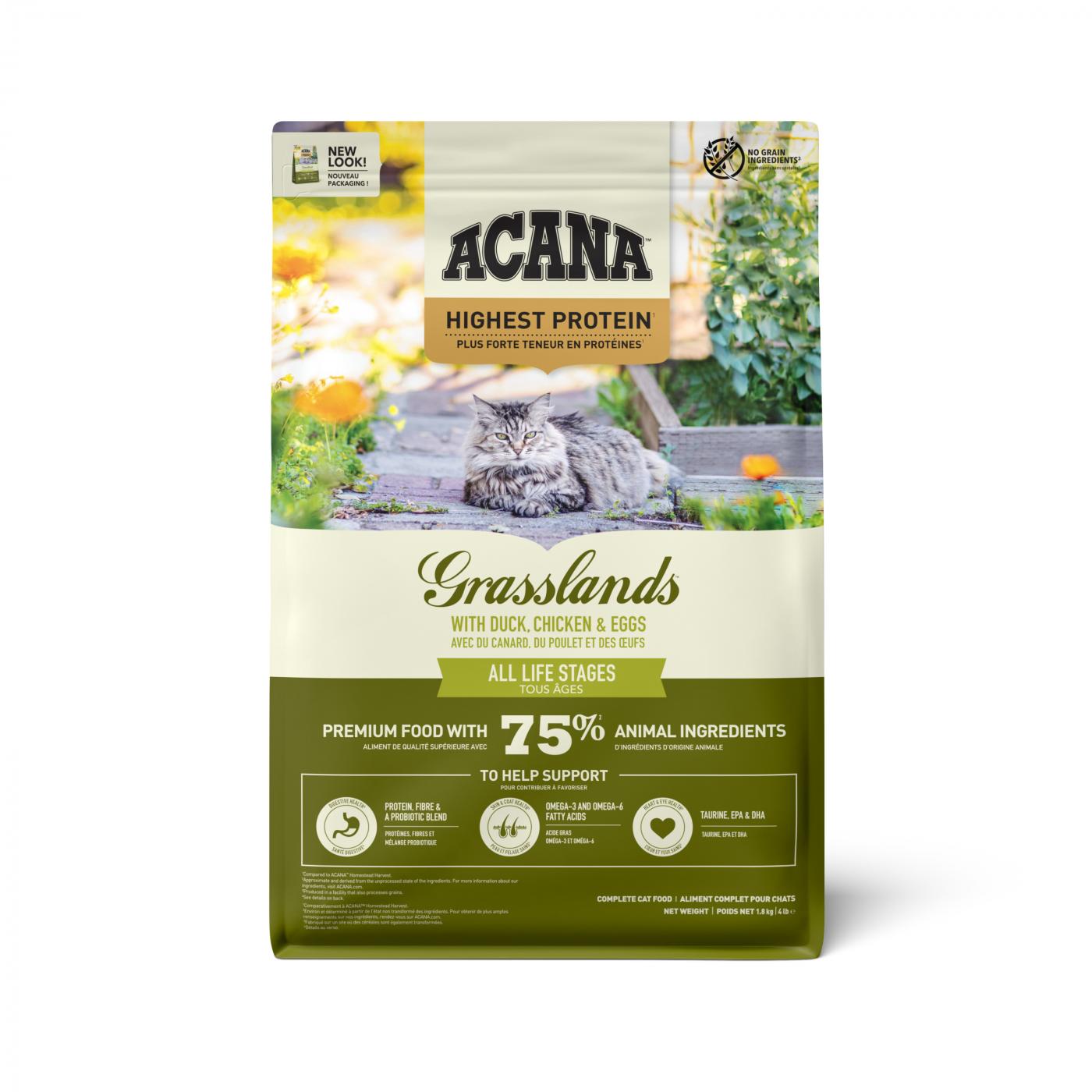 Acana Highest Protein Cat Grasslands Duck, Chicken & Egg 1,8kg graanvrij kattenvoer met dierlijke eiwitten