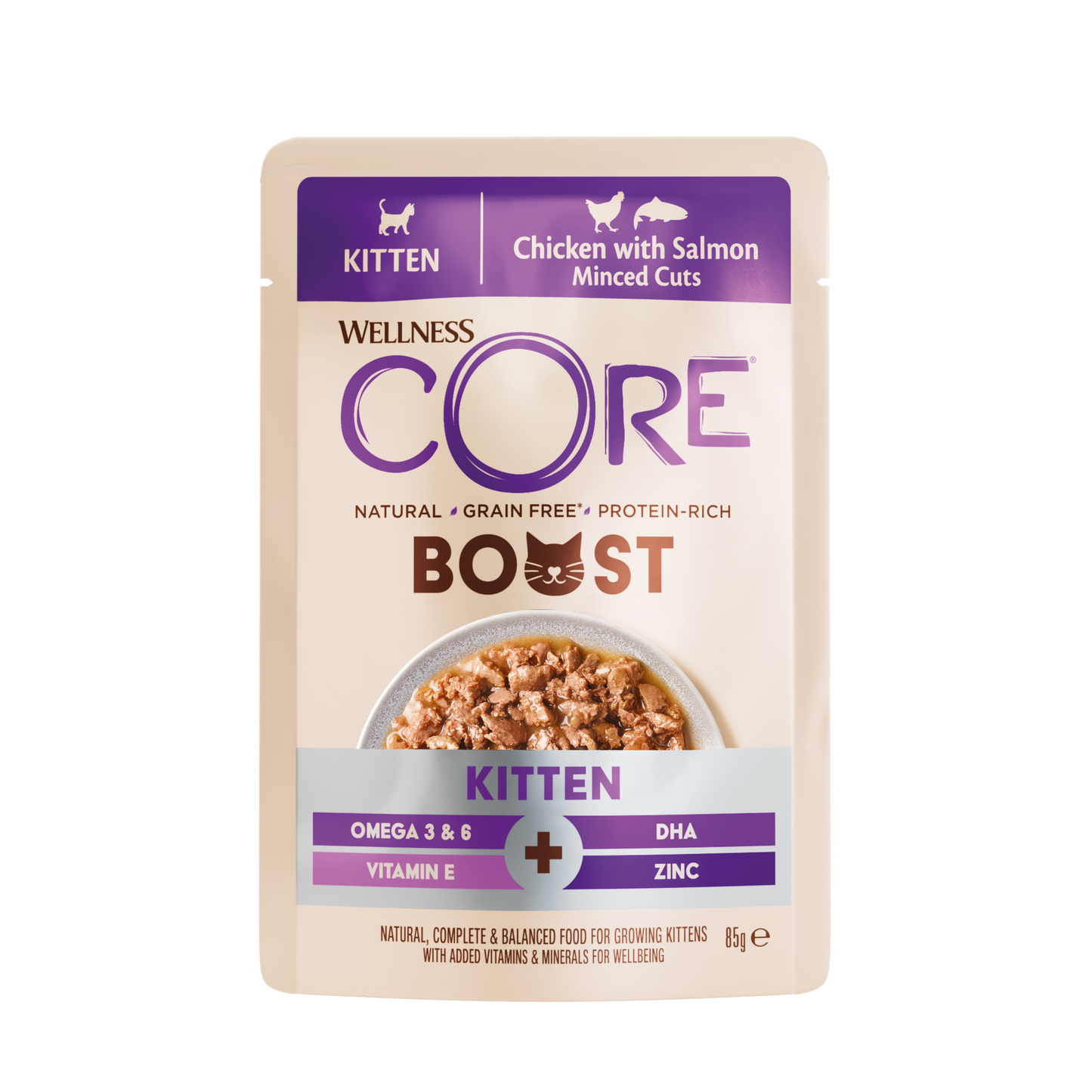 Wellness CORE Boost+ Kitten Kip & Zalm – Natvoer – 85 g