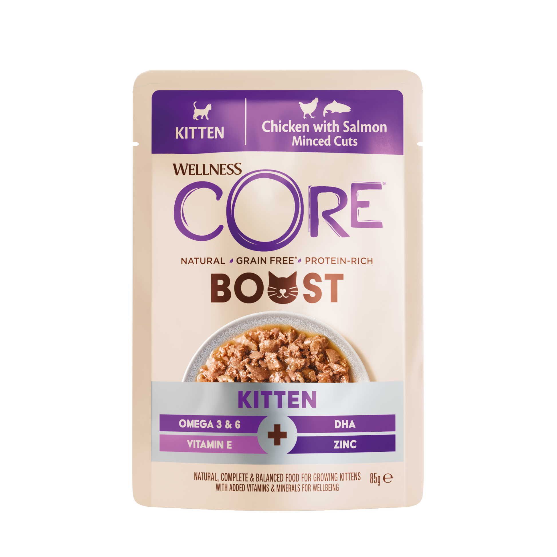 Wellness CORE Boost+ Kitten Kip & Zalm – Natvoer – 85 g