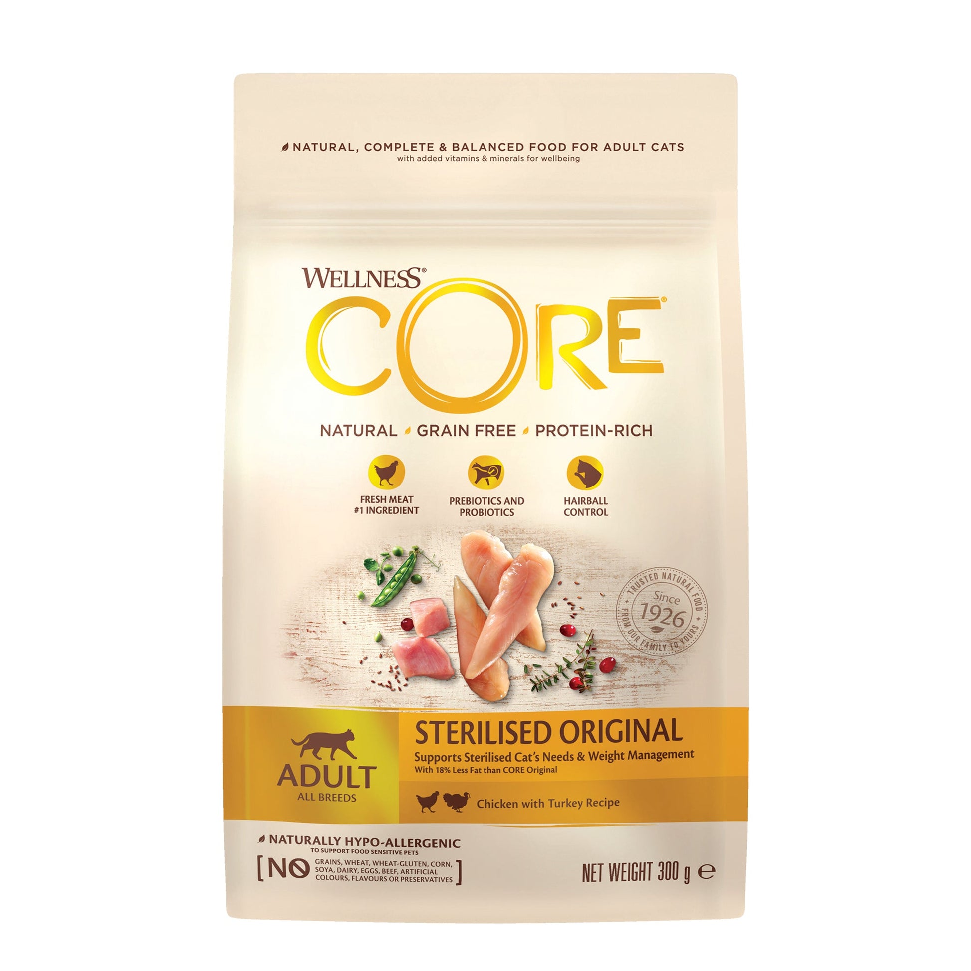 Wellness CORE Gesteriliseerd Original Kip & Kalkoen – Droog Kattenvoer – 300 g