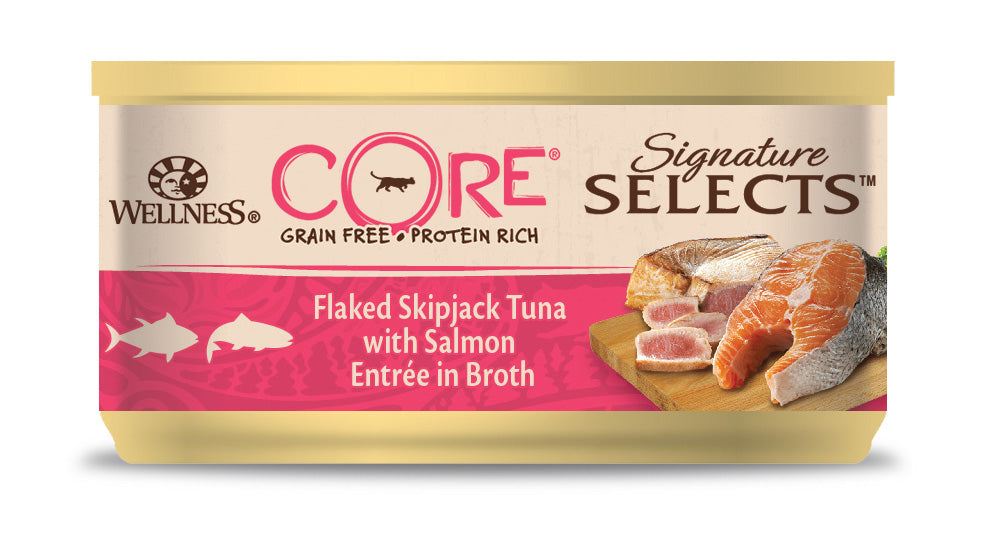 Wellness CORE Signature Selects Vlokken Tonijn & Zalm in Bouillon – Natvoer – 79 g