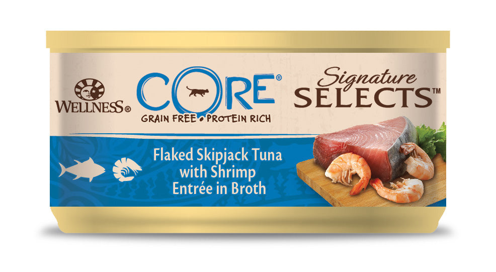 Wellness CORE Signature Selects Vlokken Tonijn & Garnalen in Bouillon – Natvoer – 79 g