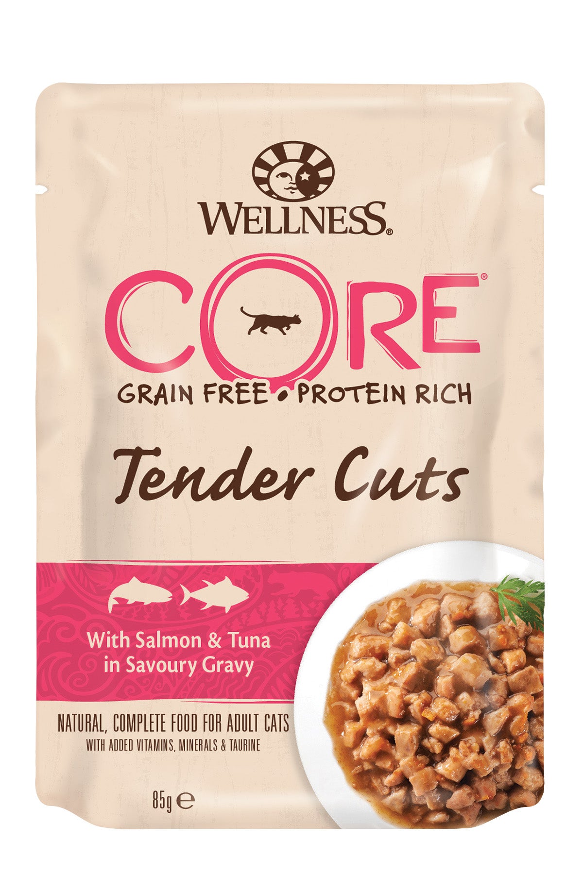 Wellness CORE Tender Cuts Zalm & Tonijn in Saus – Natvoer – 85 g
