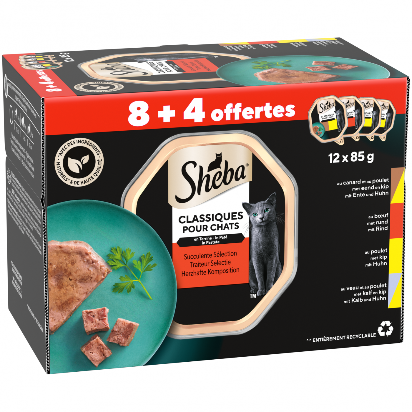 Sheba Classic Paté Traiteur Selectie 12x85gr – multipack nat kattenvoer met rund, kip, eend en kalf