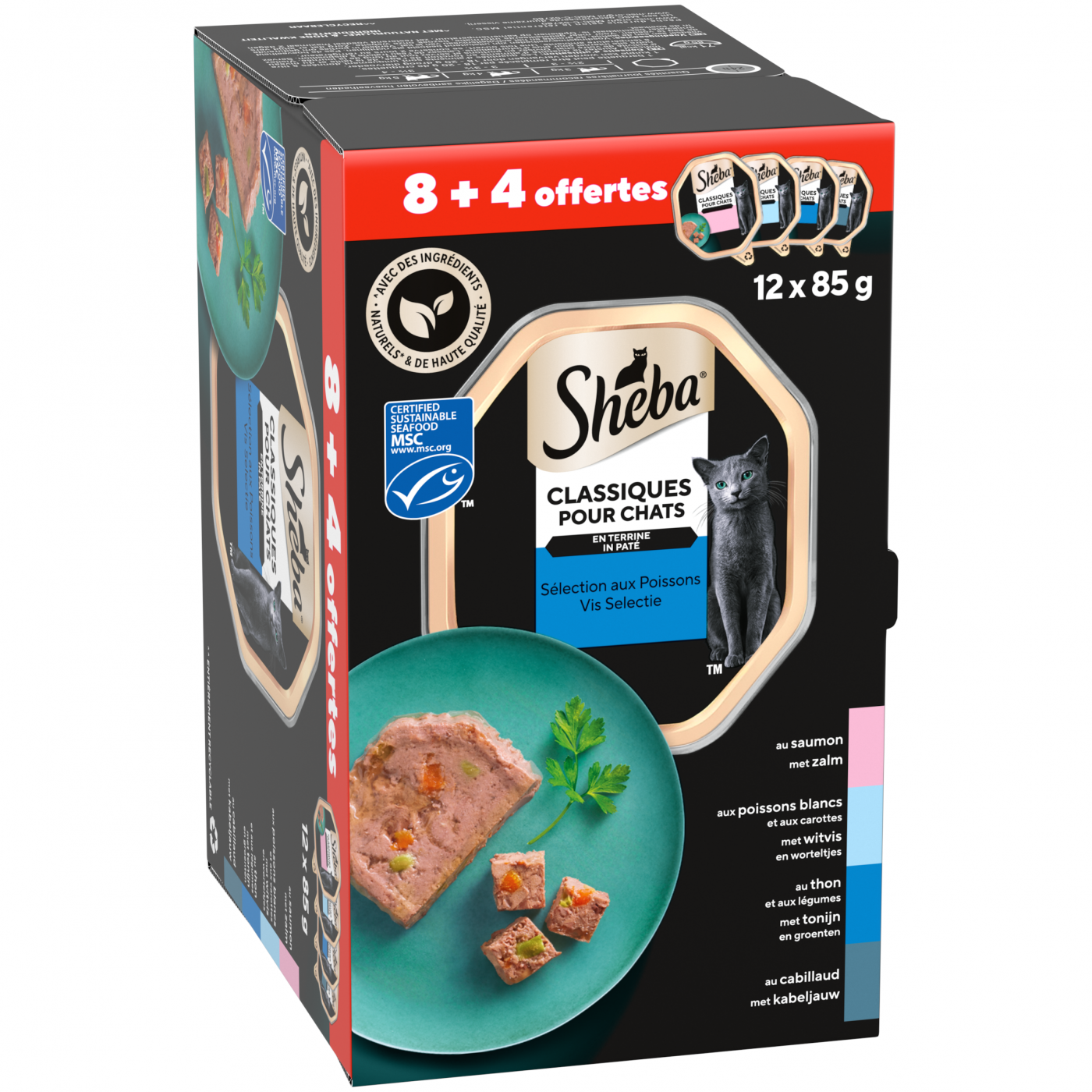 Sheba Classic Paté Vis Selectie 12 x 85 g – multipack nat kattenvoer met zalm, tonijn, kabeljauw en witvis