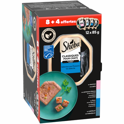 Sheba Classic Paté Vis Selectie 12 x 85 g – multipack nat kattenvoer met zalm, tonijn, kabeljauw en witvis