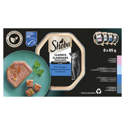 Sheba Classic Paté Vis Selectie 8x85gr – multipack nat kattenvoer met zalm, tonijn, kabeljauw en witvis