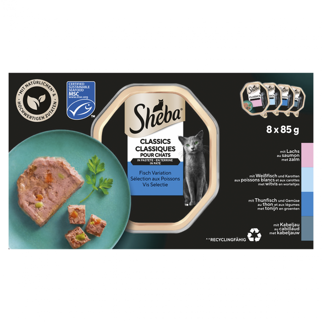 Sheba Classic Paté Vis Selectie 8x85gr – multipack nat kattenvoer met zalm, tonijn, kabeljauw en witvis