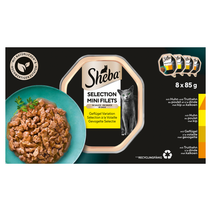 Sheba Mini Filets Gevogelte Selectie 8x85gr – nat kattenvoer met kip en kalkoen in saus