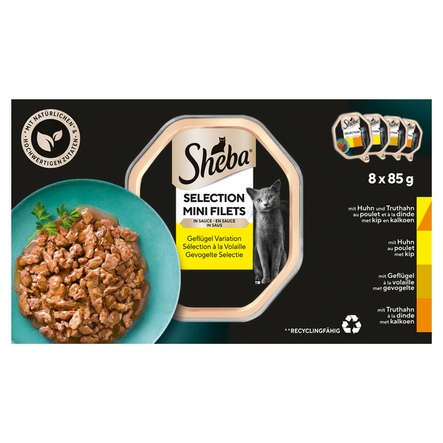 Sheba Mini Filets Gevogelte Selectie 8x85gr – nat kattenvoer met kip en kalkoen in saus