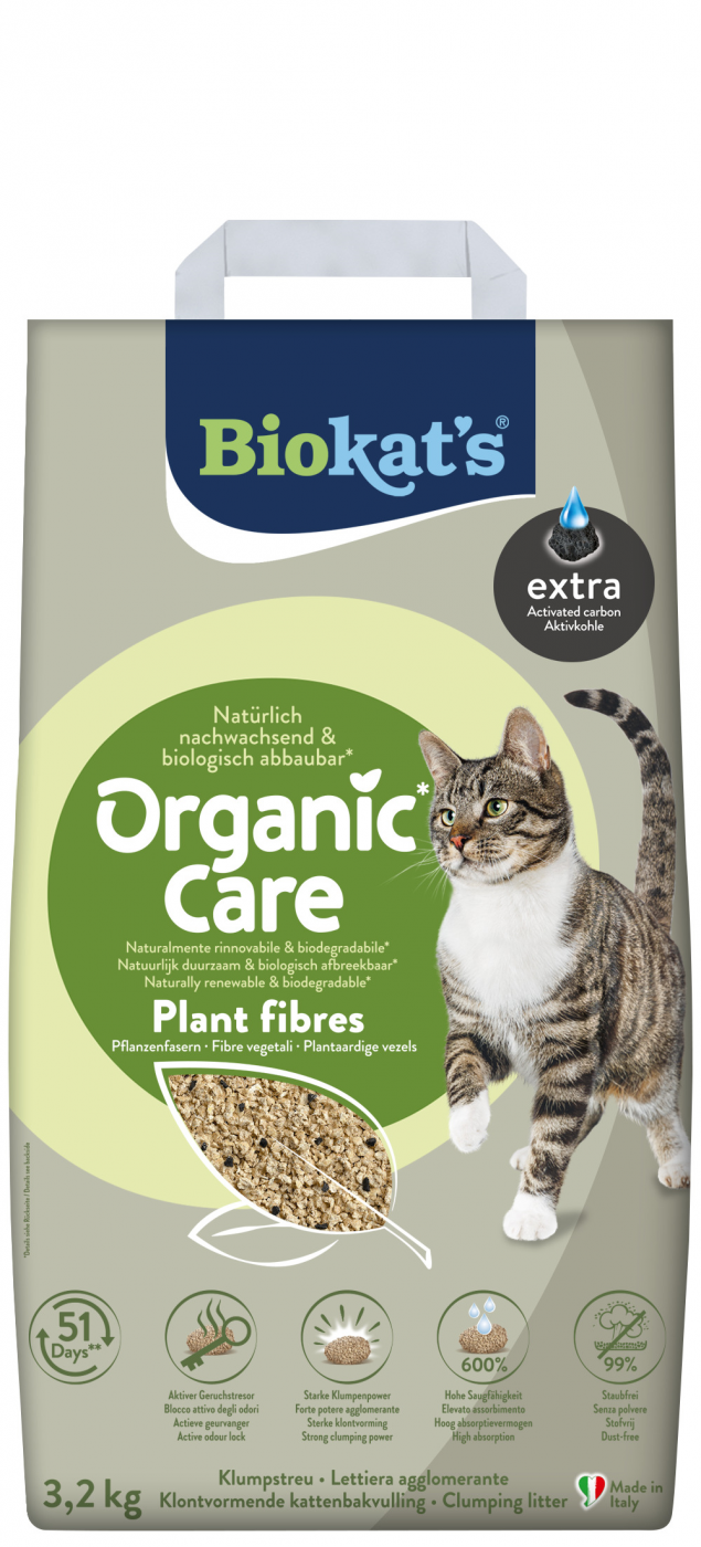 Biokat’s Organic Care Plant Fibres Extra 8L – klontvormende kattenbakvulling met actieve kool