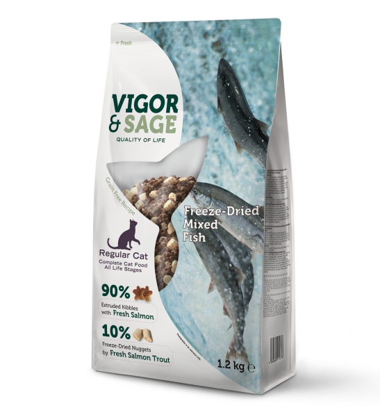 Vigor & Sage Gevriesdroogde Gemengde Vis voor Volwassen Katten – Droog Kattenvoer – 1,2 kg