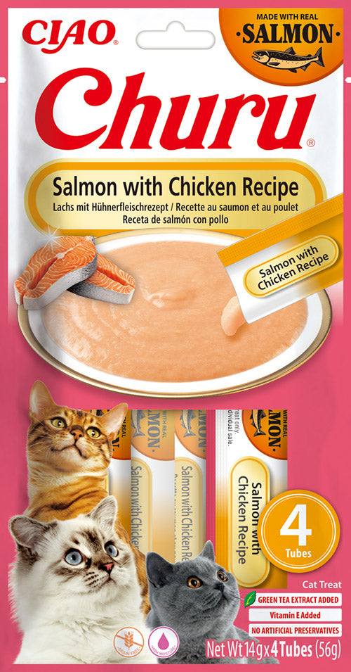 Inaba Ciao Churu Kattensnack Zalm & kip – 4 x 14 g