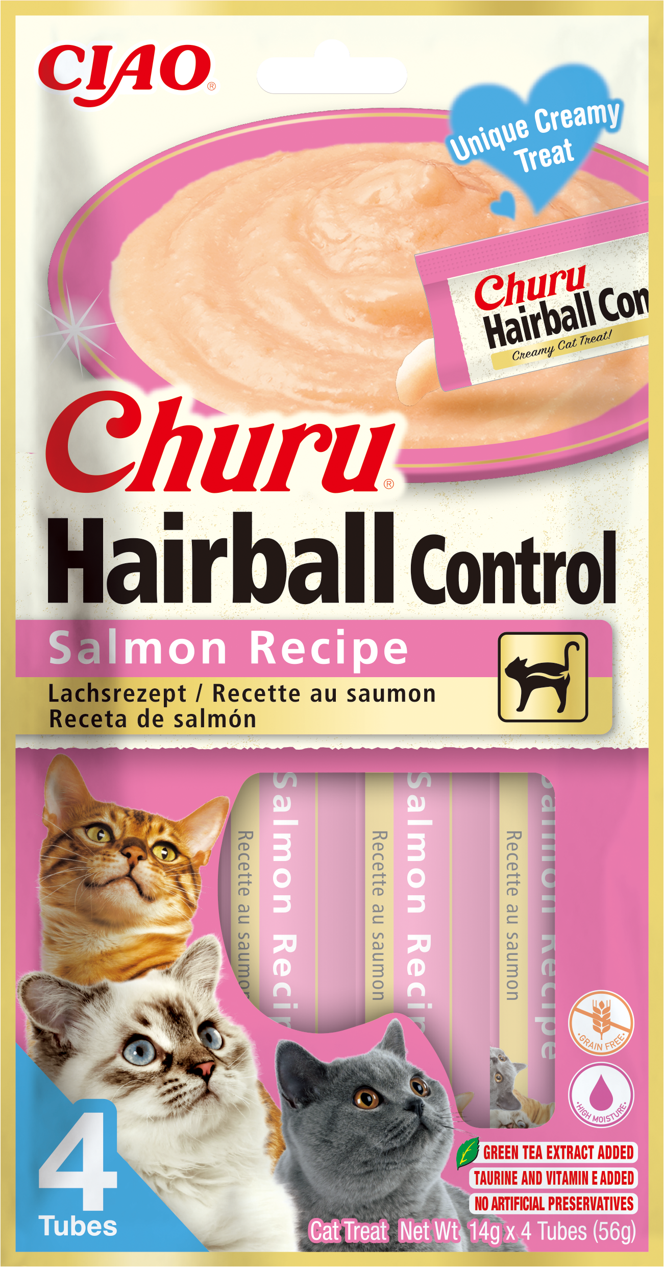 Inaba Ciao Churu Hairball Control zalm 4 x 14 g verpakking