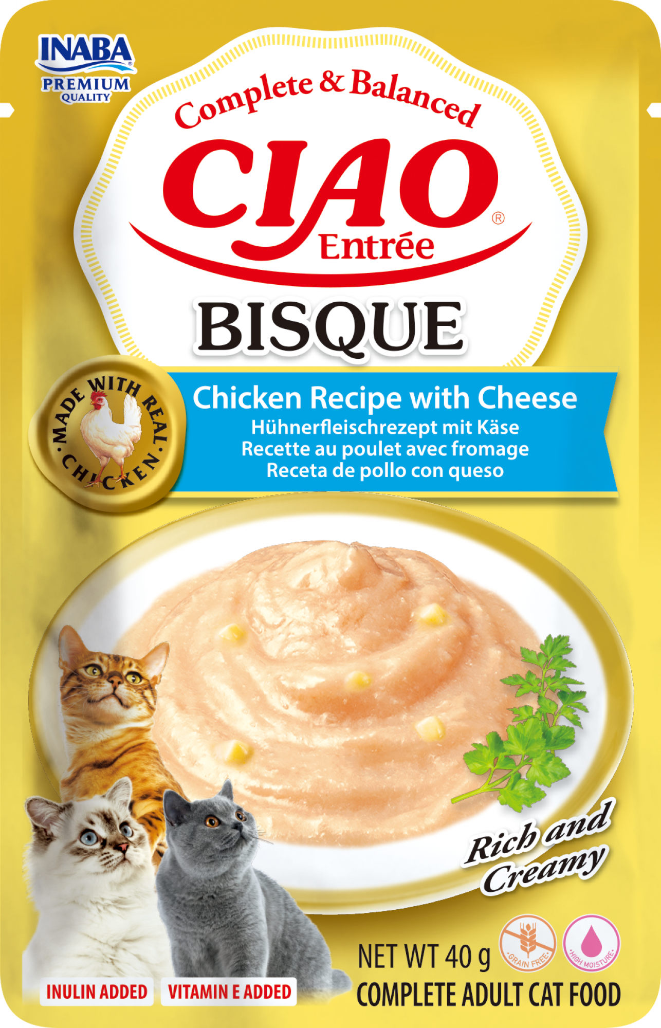 Inaba Ciao Entrée Bisque Kip met Kaas volledig natvoer 40 g zakje voorkant