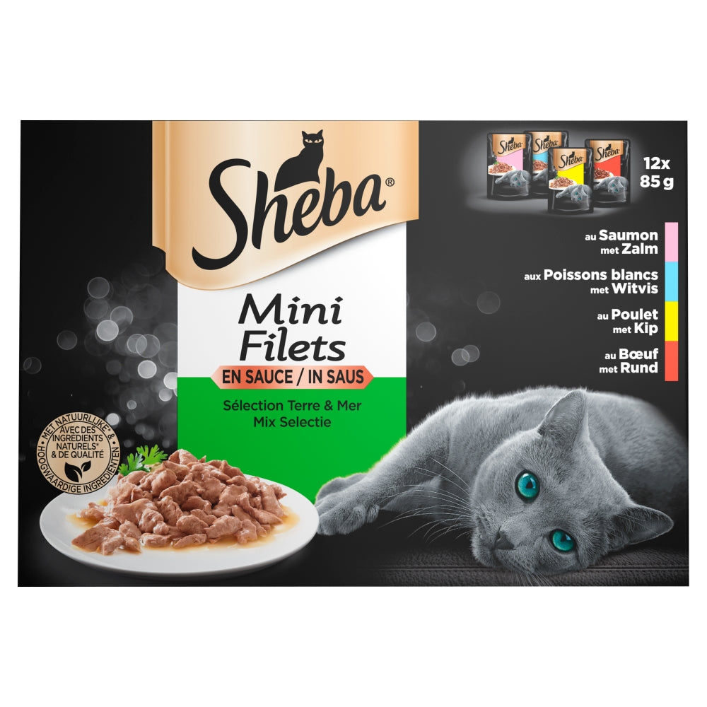 Sheba, nat kattenvoer, kattenvoer in saus, sheba mini filets, maaltijdzakjes kat, multipack kattenvoer, kattenvoer met kip, kattenvoer met rund, kattenvoer met zalm, kattenvoer met witvis, complete kattenvoeding, natvoer voor katten