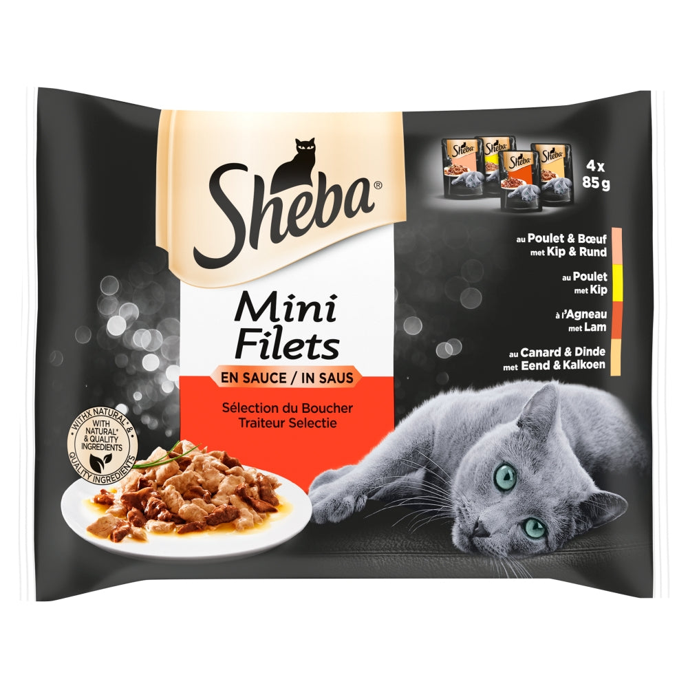 Sheba, nat kattenvoer, kattenvoer in saus, sheba mini filets, maaltijdzakjes kat, multipack kattenvoer, kattenvoeding, kattenvoer met kip, kattenvoer met rund, kattenvoer met lam, kattenvoer met eend, complete kattenvoeding