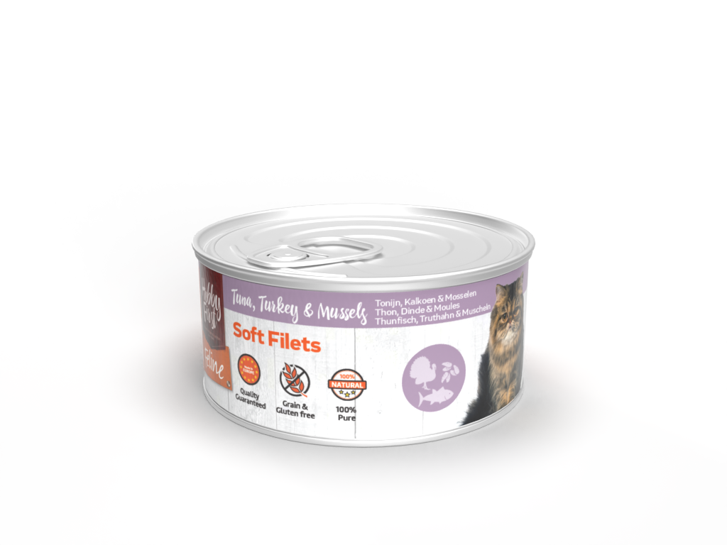 Hobby First Feline Blik Zachte Filets Tonijn & Kalkoen & Mossel – Nat Kattenvoer – 70 g