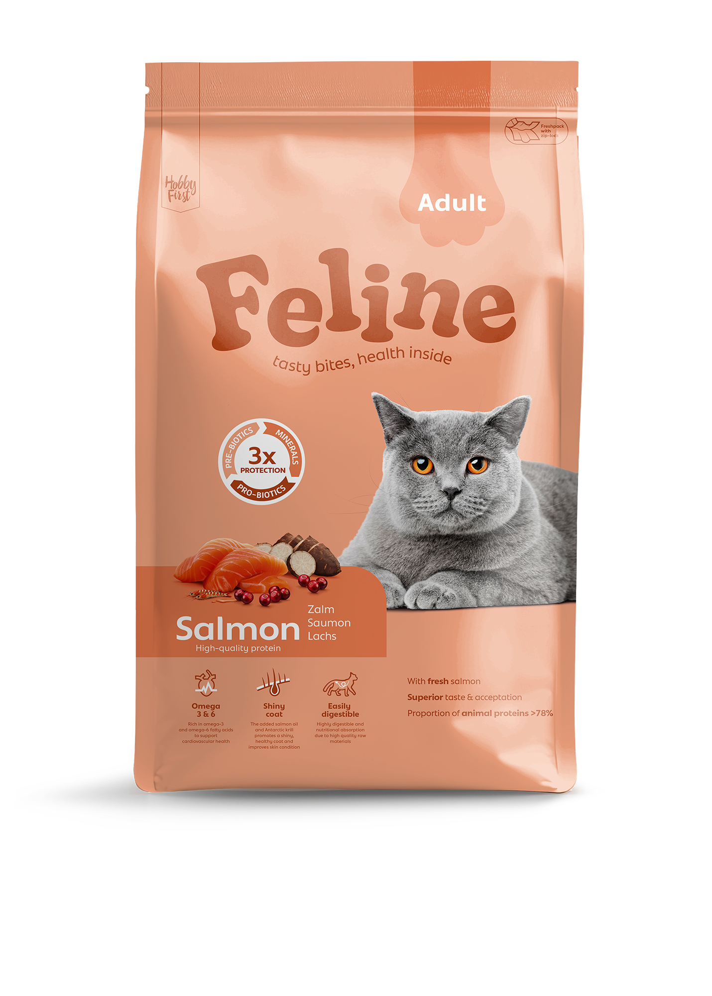 Hobby First Feline Adult Zalm – Droog Kattenvoer – 4,5 kg