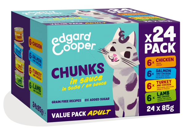 Edgard & Cooper Kat Adult Stukjes Kip & Zalm & Kalkoen & Lam Multipack – Nat Kattenvoer – 24 x 85 g