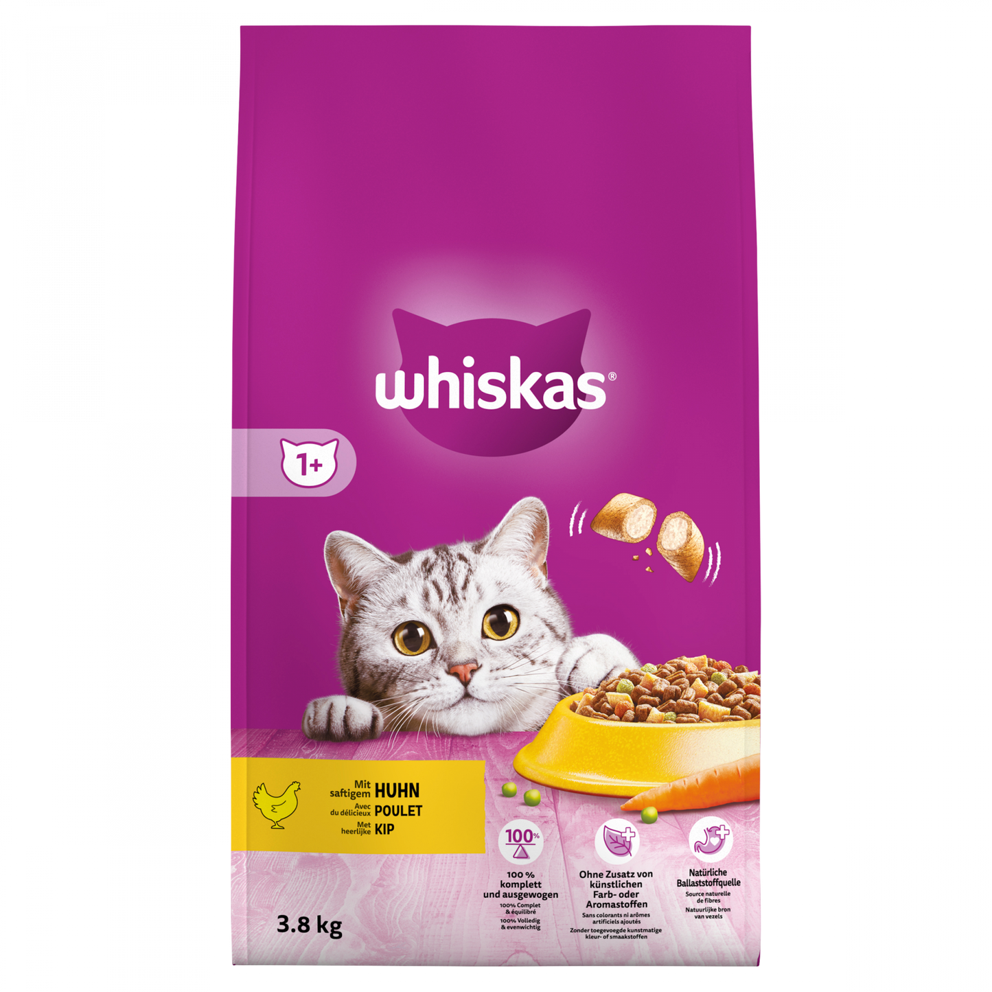 Whiskas 1+ droog kattenvoer kip 3,8 kg verpakking
