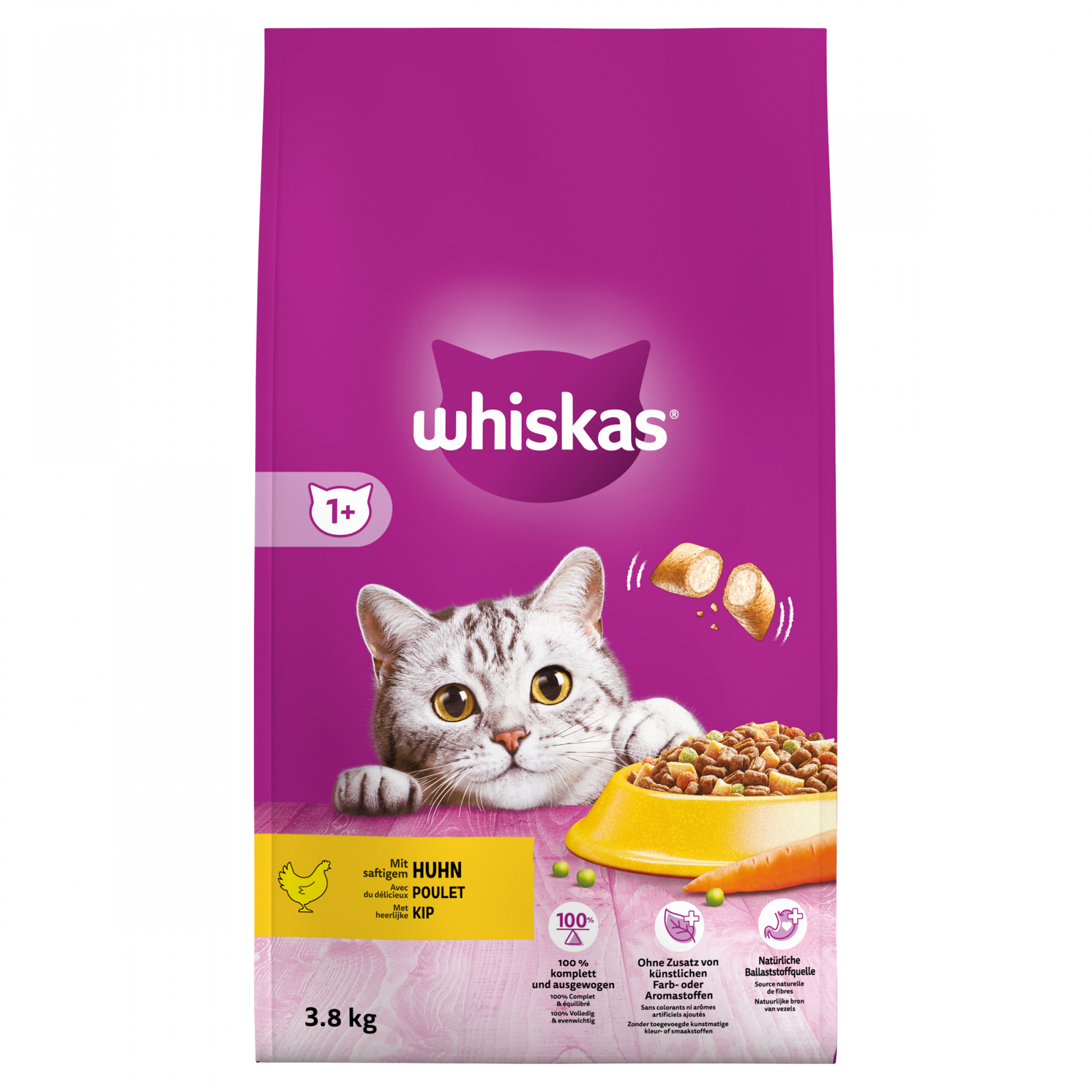 Whiskas 1+ droog kattenvoer kip 3,8 kg verpakking