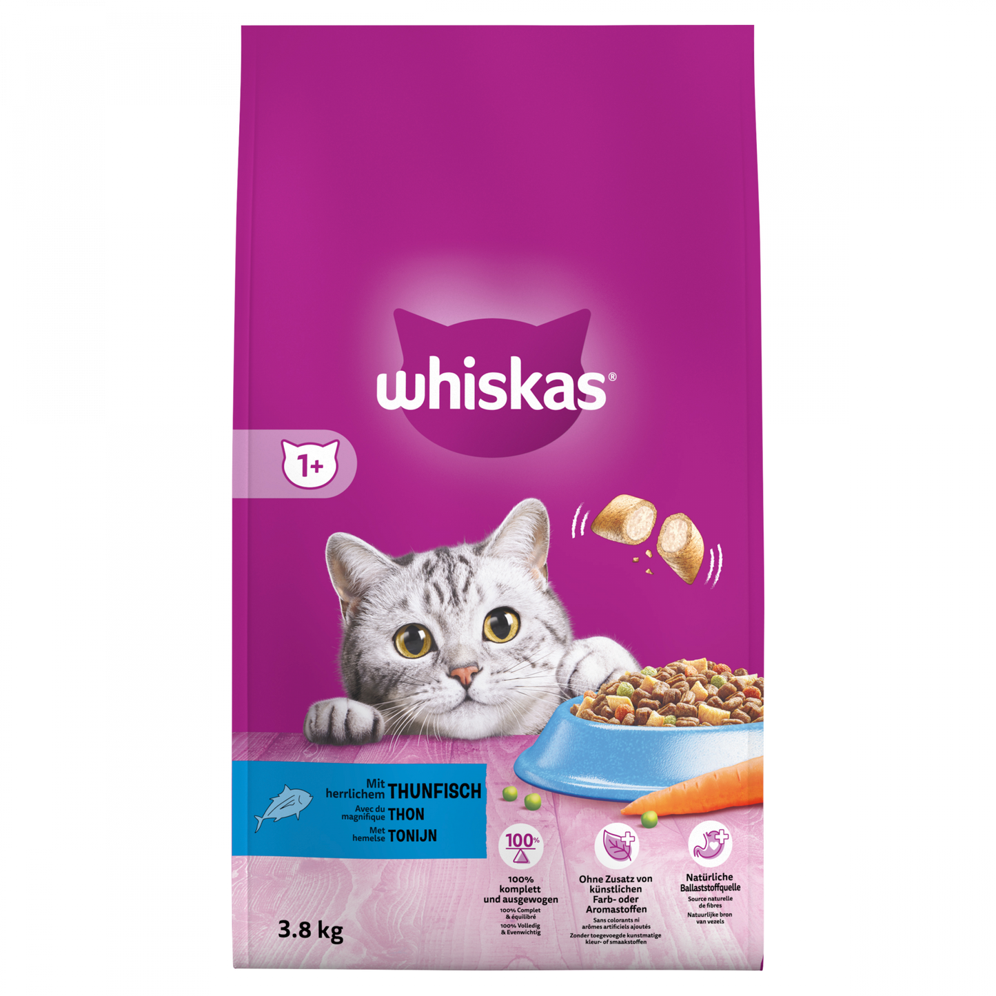 Whiskas 1+ droog kattenvoer tonijn 3,8 kg verpakking