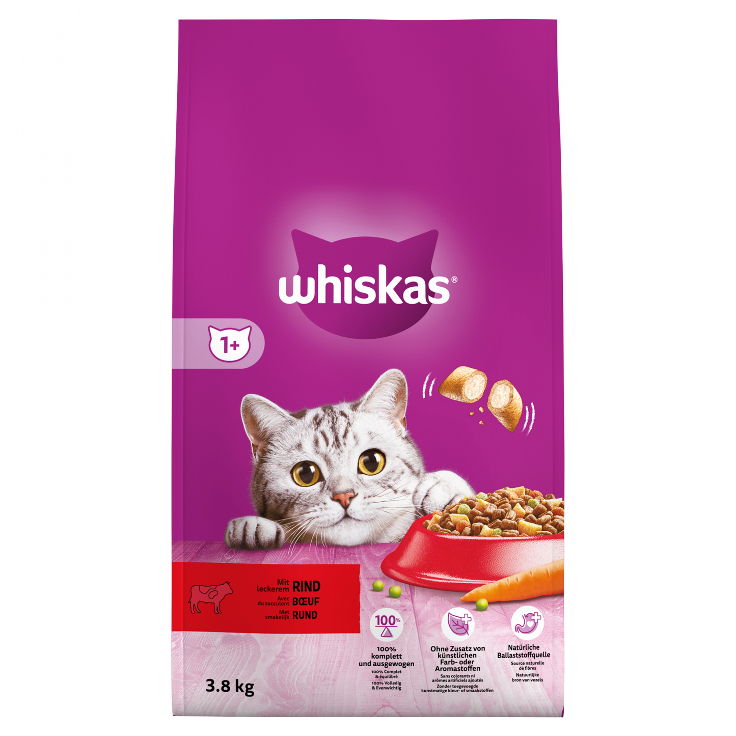 Whiskas 1+ droog kattenvoer rund 3,8 kg verpakking