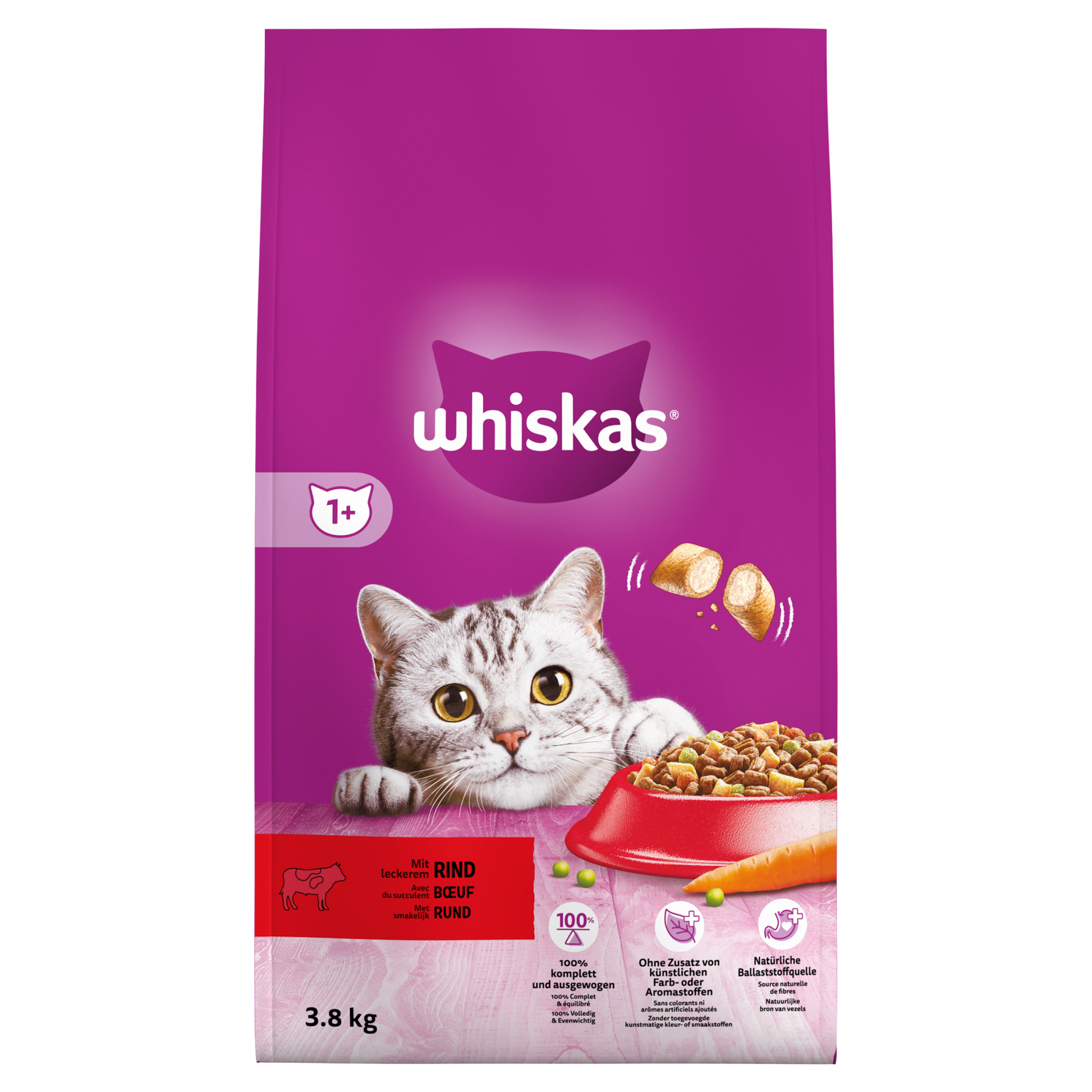 Whiskas 1+ droog kattenvoer rund 3,8 kg verpakking
