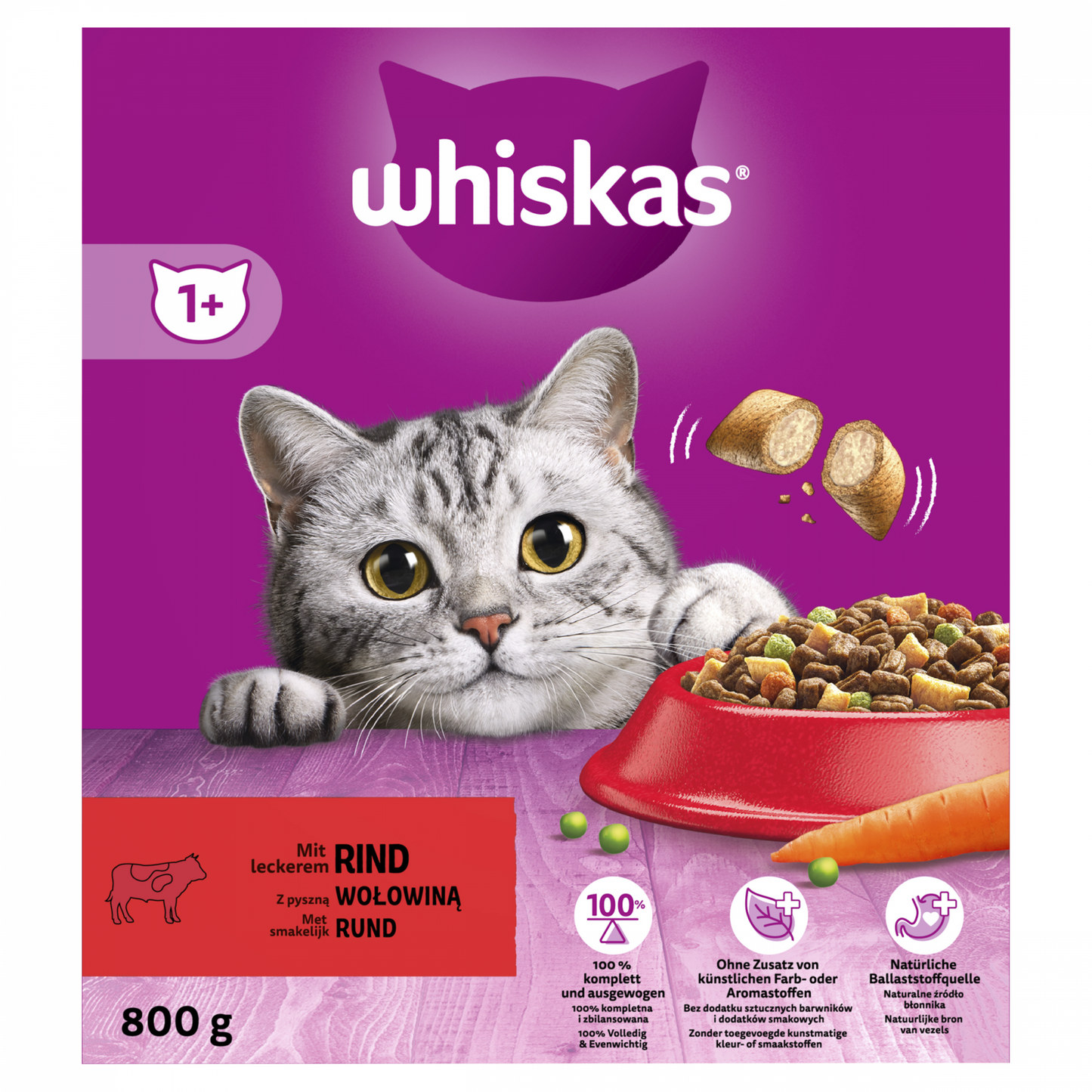 Whiskas 1+ droog kattenvoer rund 800 g verpakking