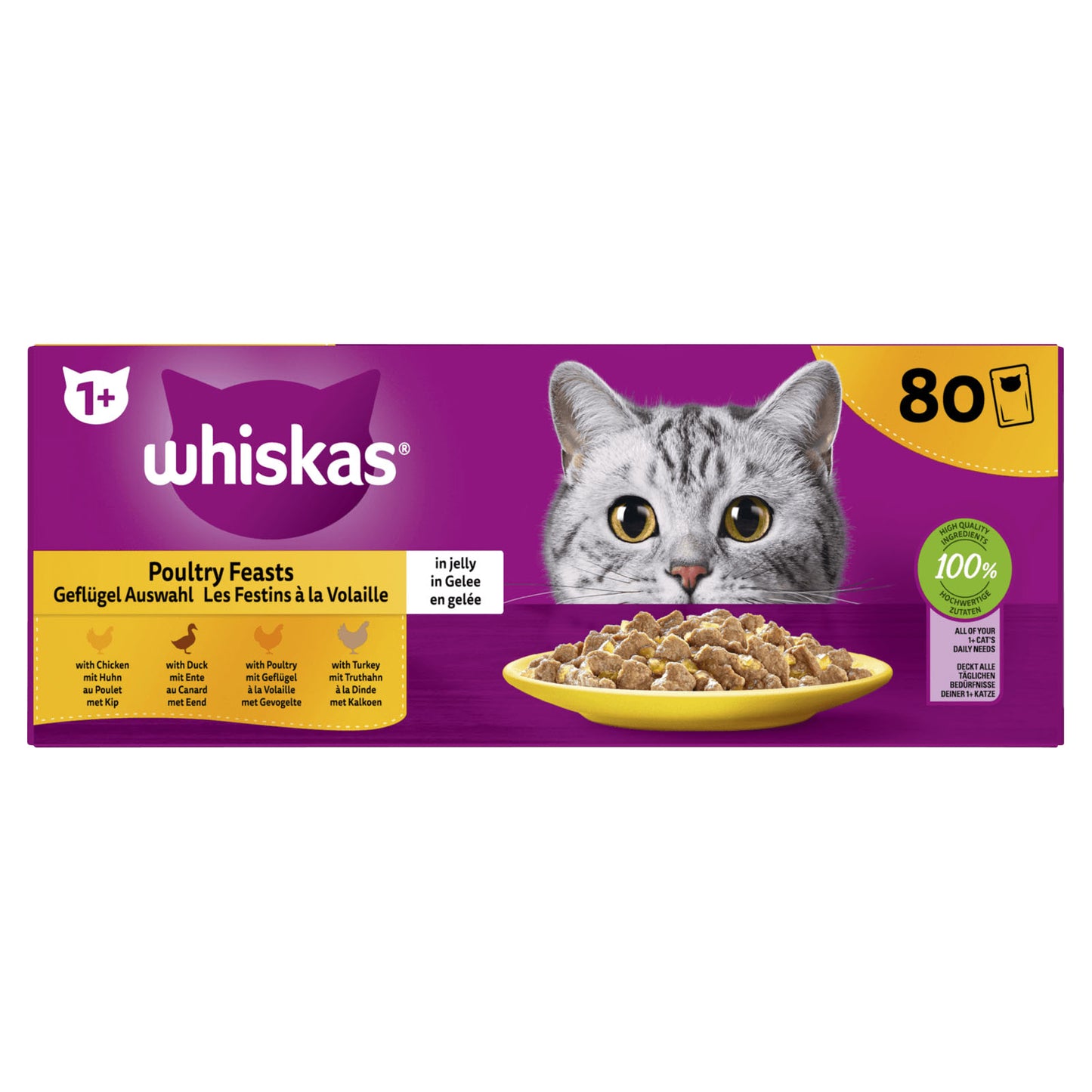 Whiskas 1+ Natvoer Gevogelte Selectie in Gelei – 80 x 85g