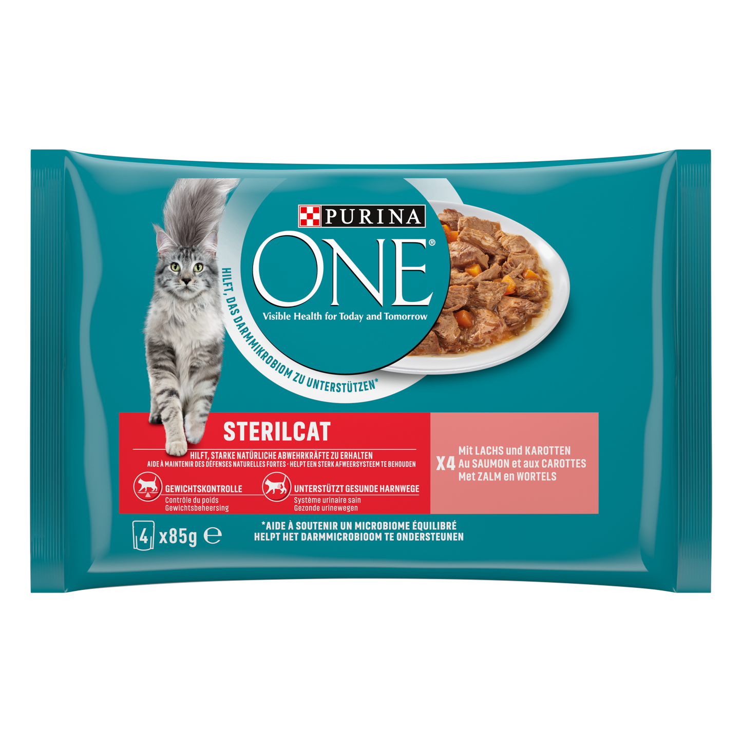 Purina ONE Gesteriliseerd voor Volwassen Katten Maaltijdzakjes Zalm & Wortel – Natvoer – 4 × 85 g