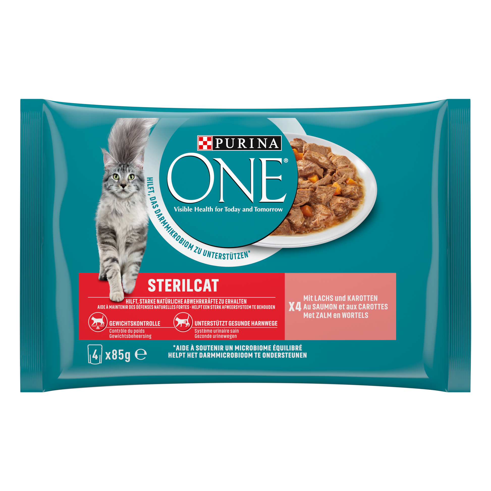 Purina ONE Gesteriliseerd voor Volwassen Katten Maaltijdzakjes Zalm & Wortel – Natvoer – 4 × 85 g